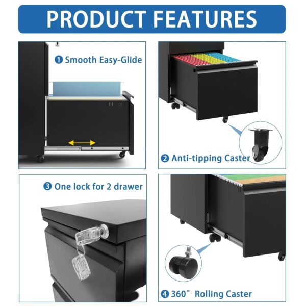 black-2-drawer-mobile-locking-file-cabinet-features