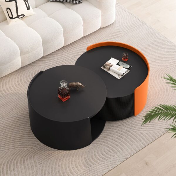 black-orange-round-nesting-extendable-coffee-table-top-down