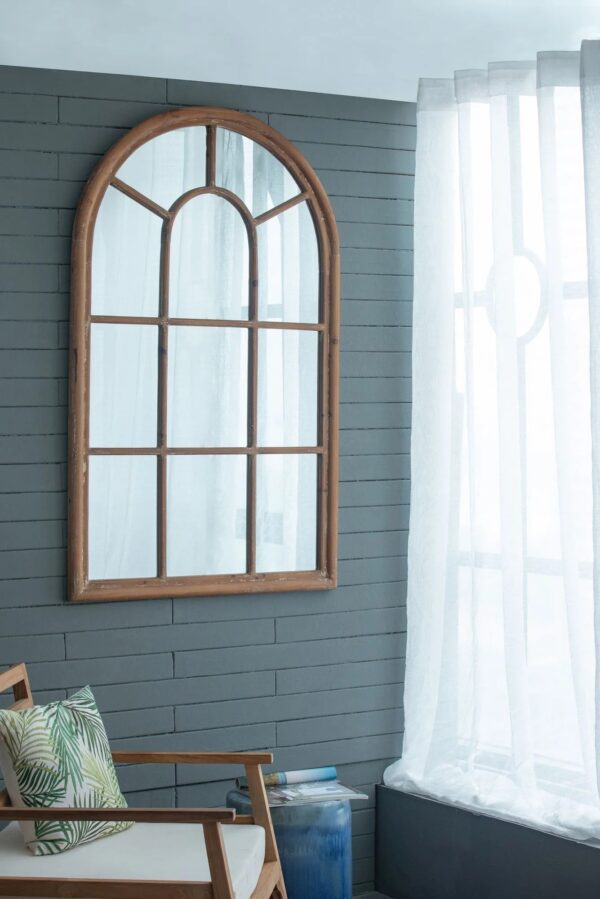 large-arched-window-brown-wood-wall-mirror-room-accent