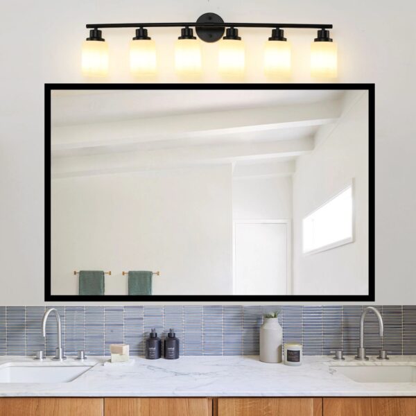 modern-6-light-black-frosted-glass-vanity-light-mirror-view