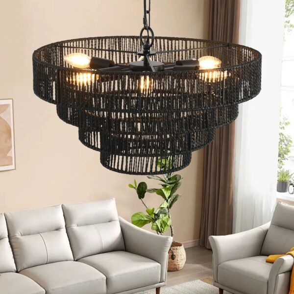 rustic-4-tier-black-hemp-rope-chandelier-kitchen