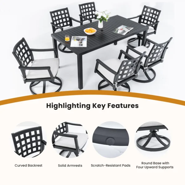 modern-classic-7-piece-outdoor-patio-dining-set-a-rectangular-table-six-swivel-rock-dining-chairs-cast-aluminum-rust-free-textured-ember-black-sunbrella-cushion-weather-resistant-for-garden